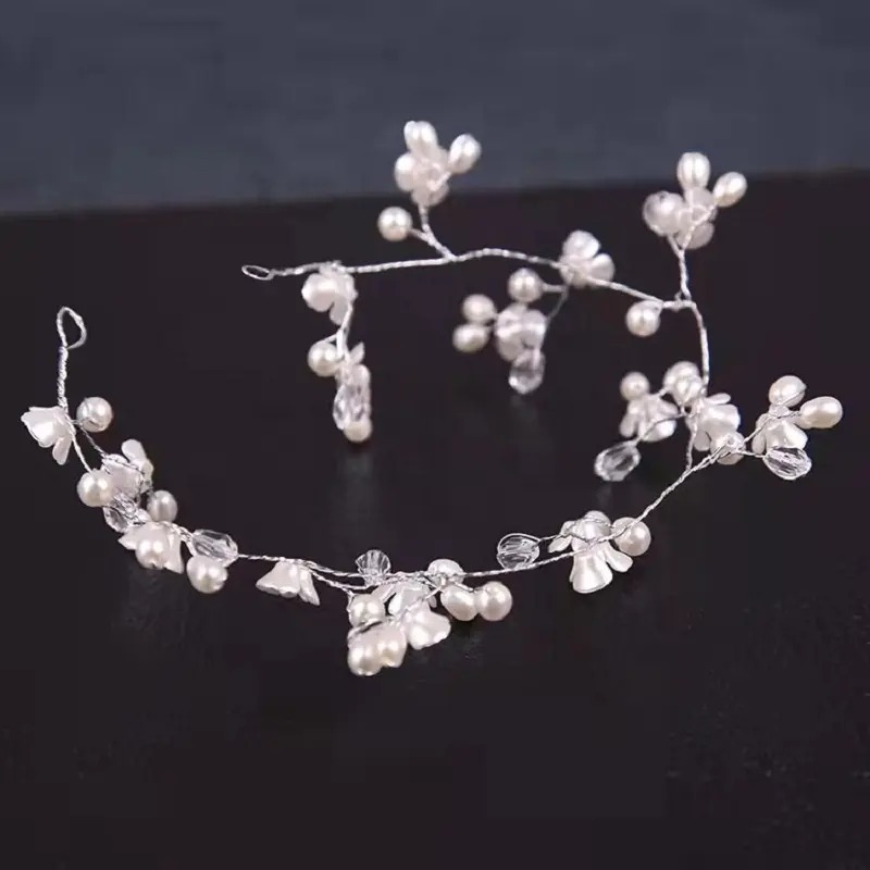 Bentita par mireasa decorata cu flori perle albe elemente translucide BPM02 image10